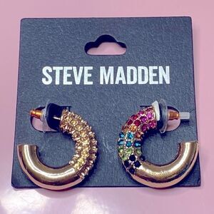 💛 New! Steve Madden Asymmetrical Multi Colour Crystal Gold Hoop Earrings